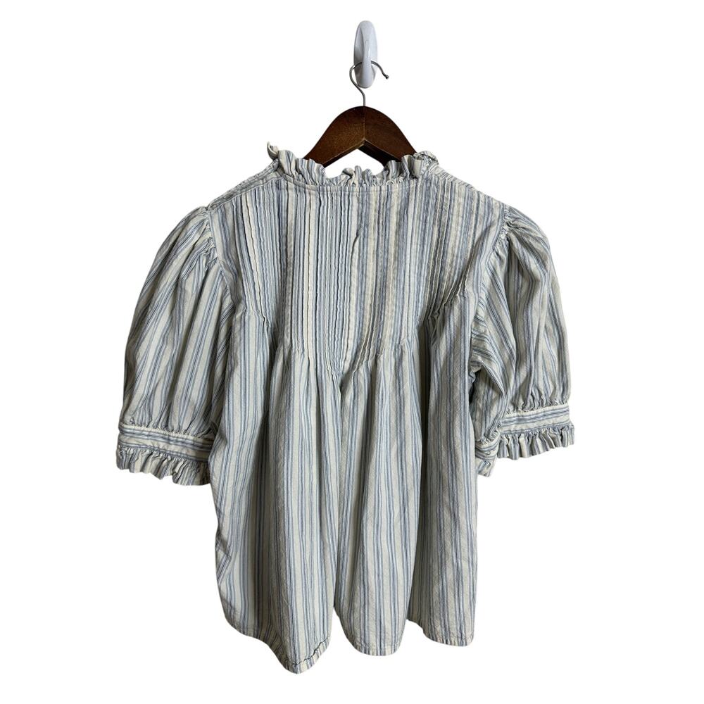 Doen Darien Top size L Blue Stripe Pintuck Puff Sleeve Blouse - Picture 10 of 10